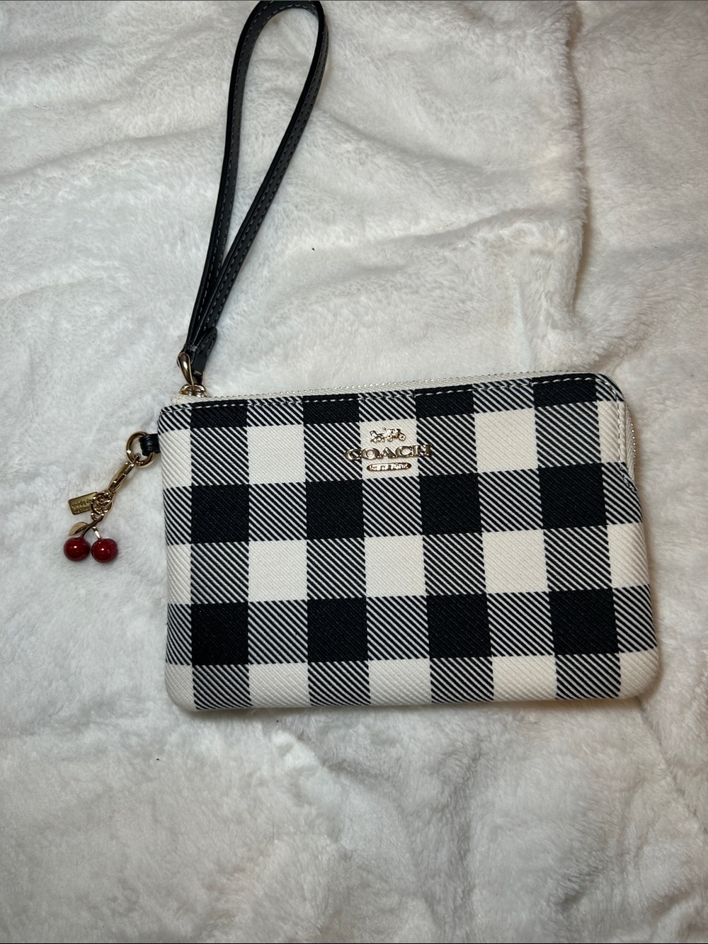 Coach Black and White Buffalo Plaid Wristlet with Cherry Charm